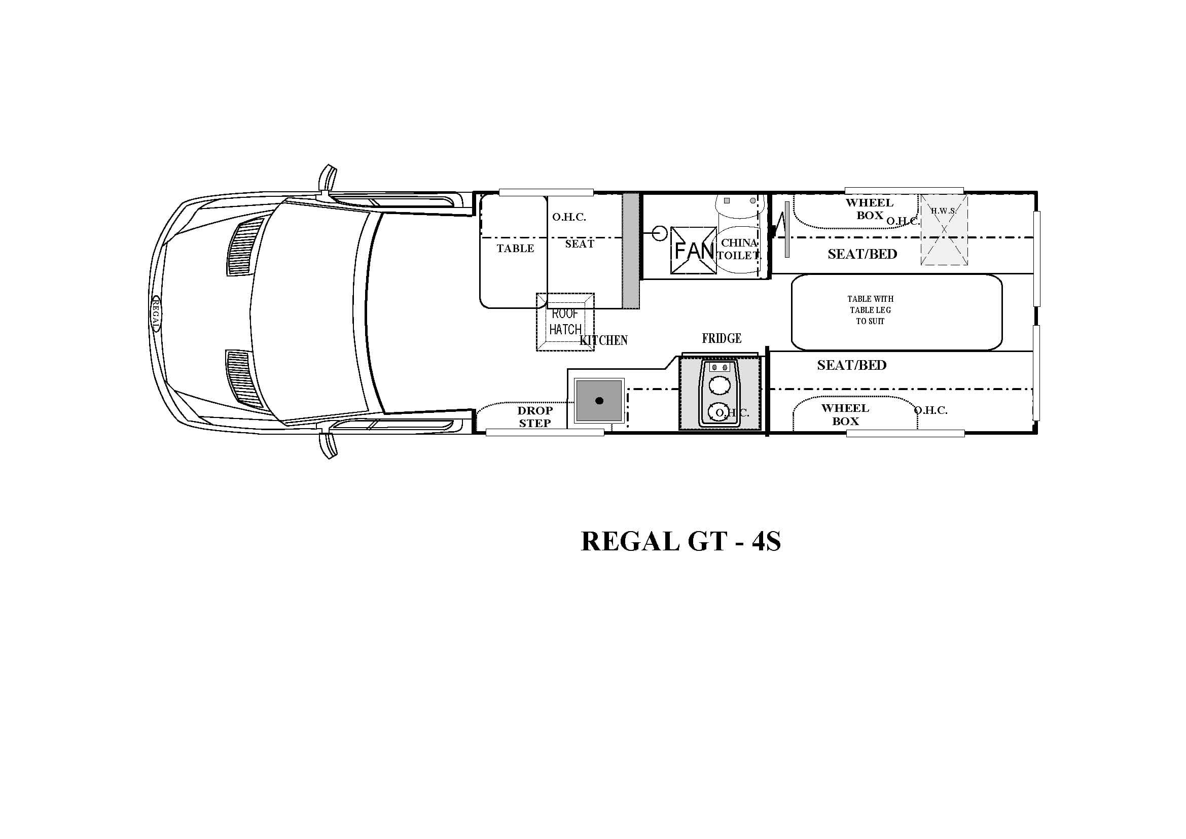 Floorplan of RV Sales Australia Mercedes-Benz Regal GT 4-seater showing cab, entry with drop step, mid kitchen with roof hatch and fridge, opposite dinette, rear toilet, and opposing seat/bed areas with table