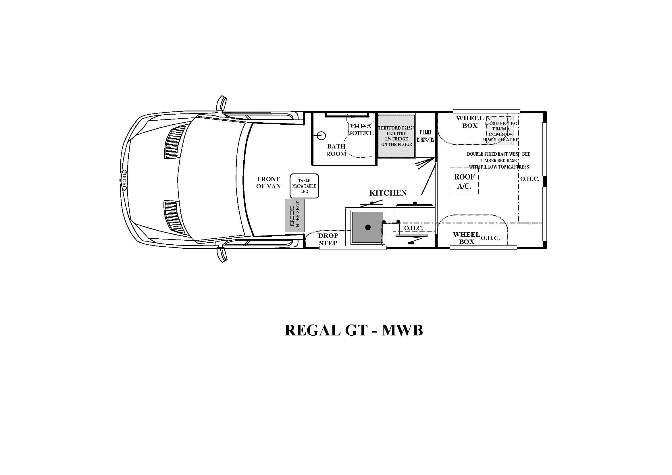 Floorplan of RV Sales Australia Mercedes-Benz MWB Regal GT showing front cab, central bathroom with china toilet, rear kitchen with sink and overhead cupboards, and back fixed east–west double bed with storage and wheel boxes