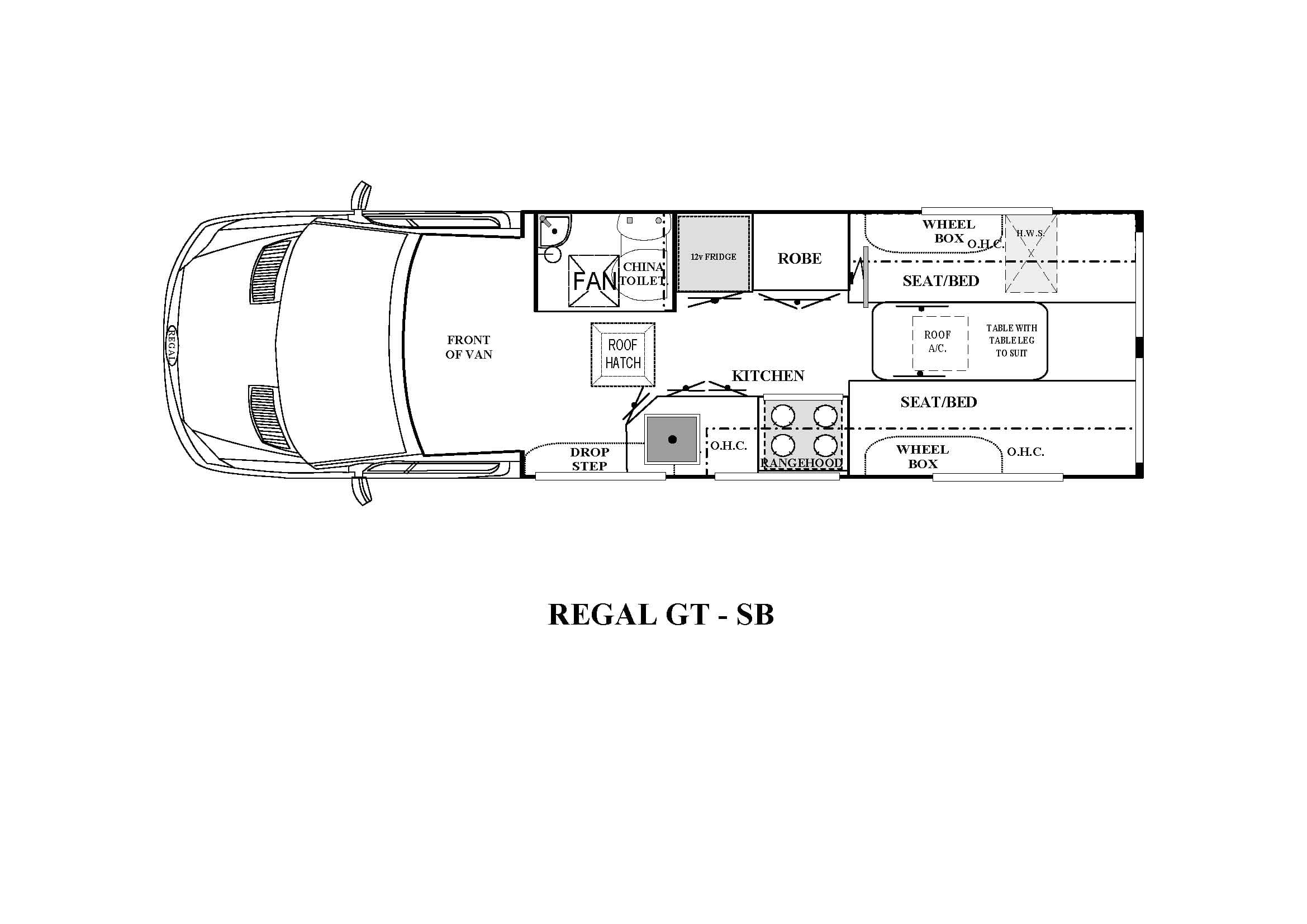 Floorplan of RV Sales Australia Mercedes-Benz 419 AWD Regal GT SB showing front cab, central entry and kitchen with rangehood and overhead cupboards, rear robe, toilet and fridge opposite twin seat/bed areas with table and storage over wheel boxes.