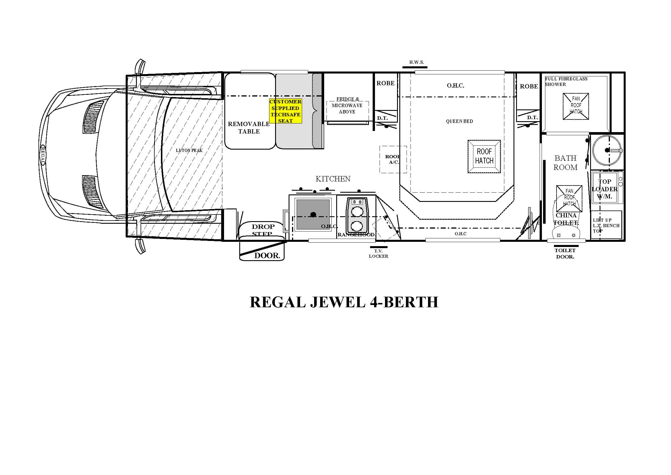 Floorplan of Mercedes-Benz Regal Jewel 4-berth RV showing front cab, Luton peak, removable table and child seat, mid kitchen with stove and sink, queen bed with robes, and rear bathroom with shower, toilet and washer