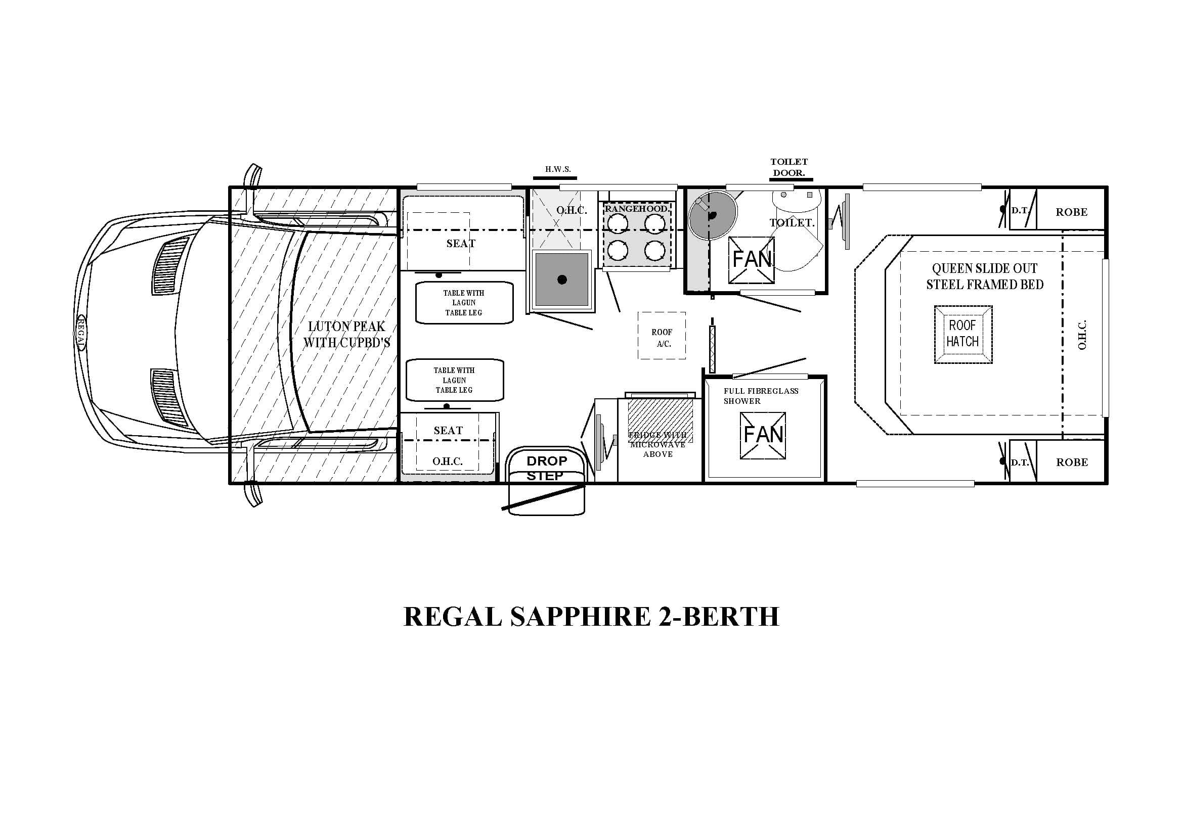 Floorplan of RV Sales Australia Mercedes-Benz Regal Sapphire 2-Berth showing front cab, Luton peak with cupboards, mid lounge with two seats and tables, kitchen with sink and rangehood, toilet room, full fibreglass shower, and rear queen slide-out...