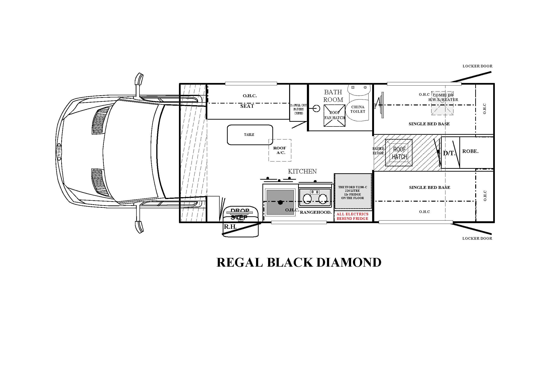 Regal Black Diamond caravan floorplan showing entry by drop step into kitchen with rangehood and fridge, central dinette and table, rear bathroom with china toilet, and two single beds with robes and overhead cupboards