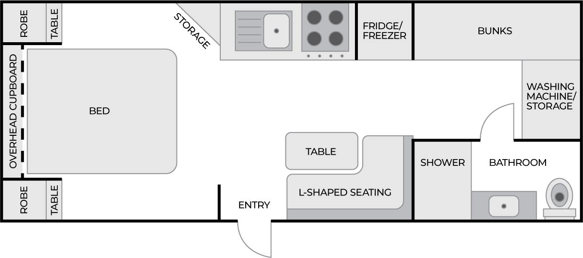 Floorplan of RV Sales Australia 2025 Carrera iVenture III-X Off-Road 2-bunk: front entry to L-shaped seating and table, opposite kitchen with sink, cooktop, fridge; rear queen bed with robes and tables; opposite bunks and washing machine/storage; ...